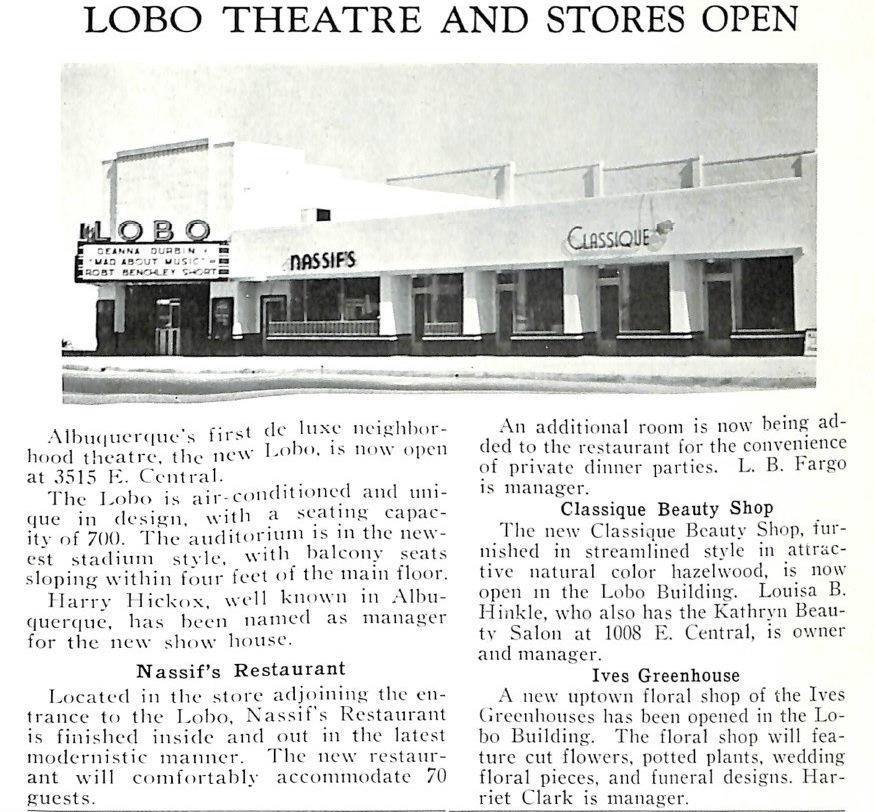 Lobo Theater Route 66 history — 1938 grand opening newspaper announcement, Albuquerque NM