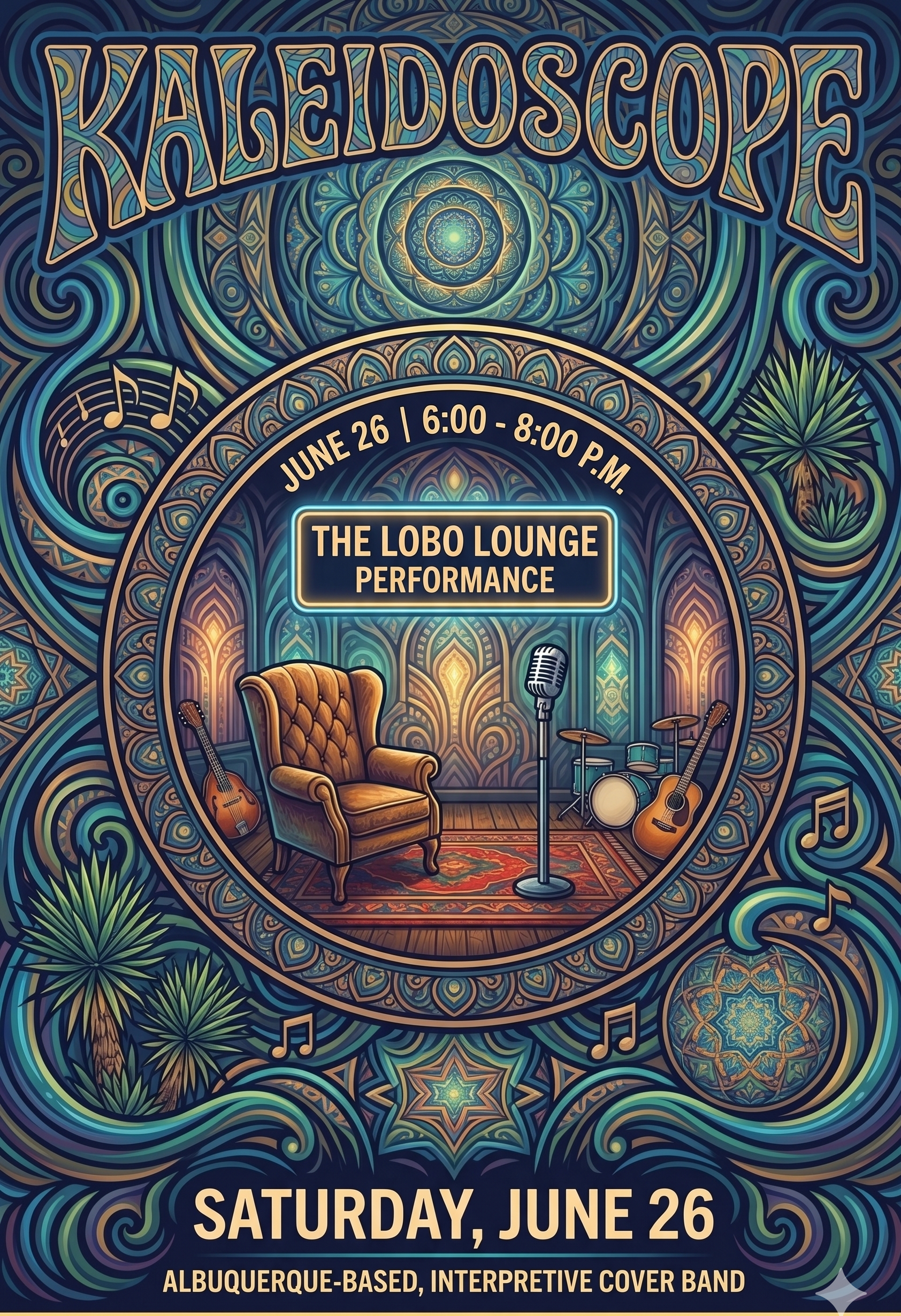 Kaleidoscope at the Lobo Lounge Albuquerque cover band June 26 2026 pre-show poster