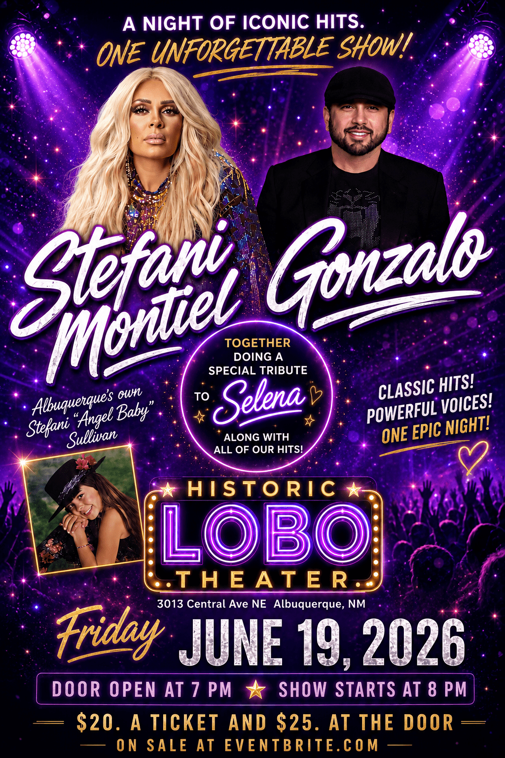 Gonzalo with Stefani Montiel Selena tribute concert poster — Historic Lobo Theater, Albuquerque, Friday June 19, 2026