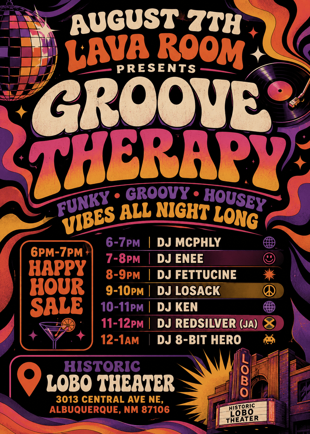 Groove Therapy Lava Room DJ night poster at the Historic Lobo Theater Albuquerque, Friday August 7 2026, funk groove and house