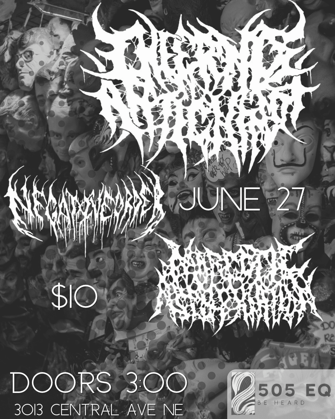 Albuquerque deathcore matinee poster at the Historic Lobo Theater on June 27 2026, featuring Inferno Antichrist, Negative Order, and Narcotic Asphyxiation, presented by 505 EQ