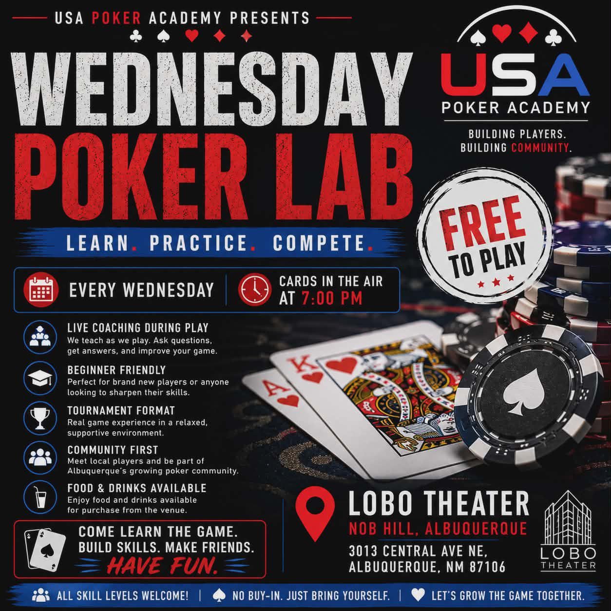 Wednesday Poker Lab free poker night poster, USA Poker Academy at The Card Room in The Lobo Sports Vault, Historic Lobo Theater Albuquerque