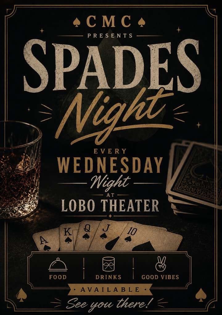 Spades Night poster, hosted by CMC at The Card Room in The Lobo Sports Vault, Historic Lobo Theater Albuquerque, Spades and Hearts every Wednesday