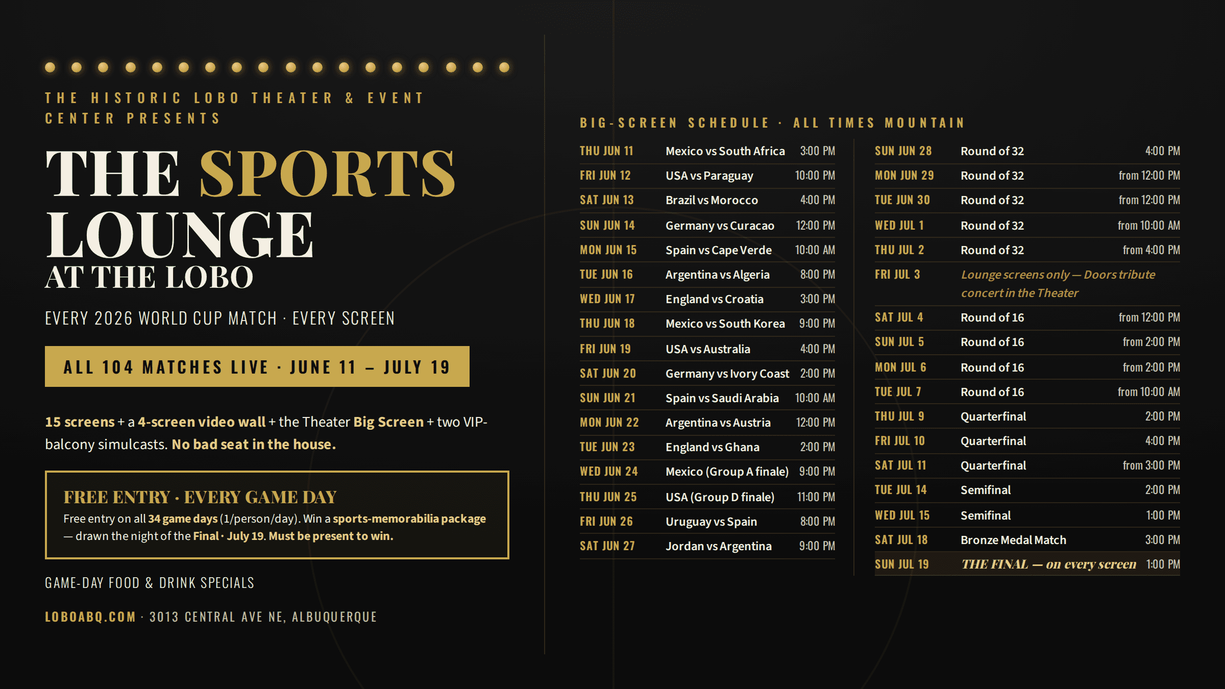 Semifinal watch party Albuquerque — 2026 World Cup schedule at The Sports Lounge at The Lobo on Route 66