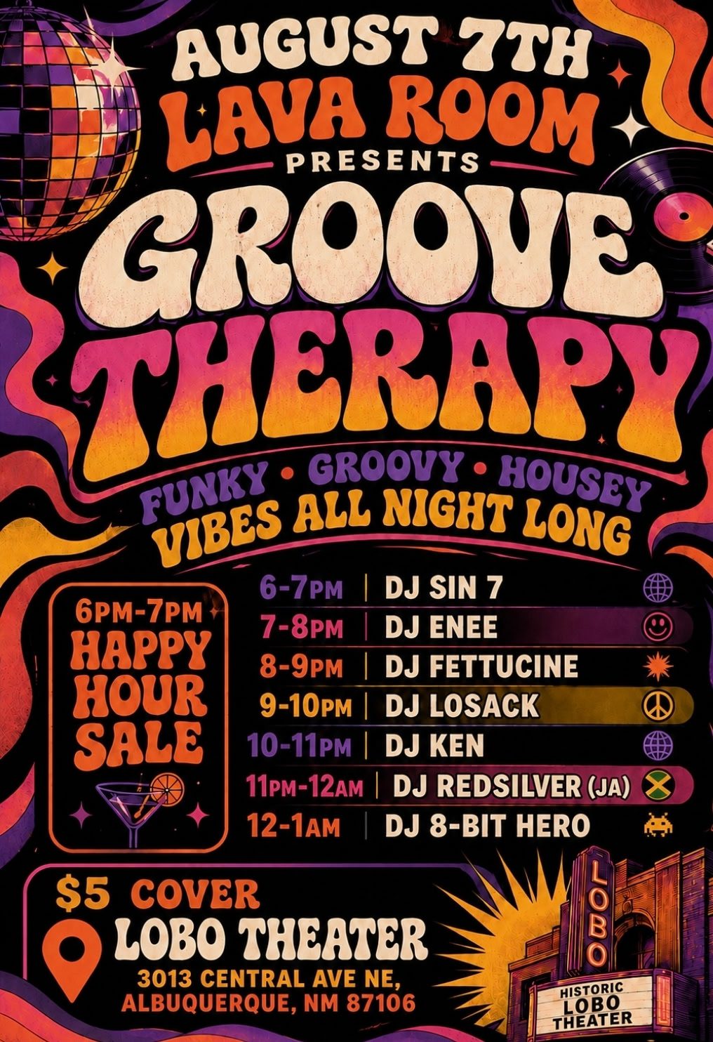 Lobo_Groove_Therapy2_poster Groove Therapy event poster — Lava Room DJ night at the Historic Lobo Theater, August 7, retro funk and house vibes