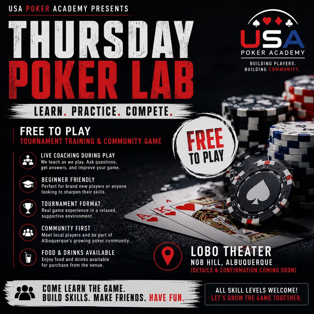 Thursday Poker Lab — free Texas Hold'em poker every Thursday at the Historic Lobo Theater in Albuquerque