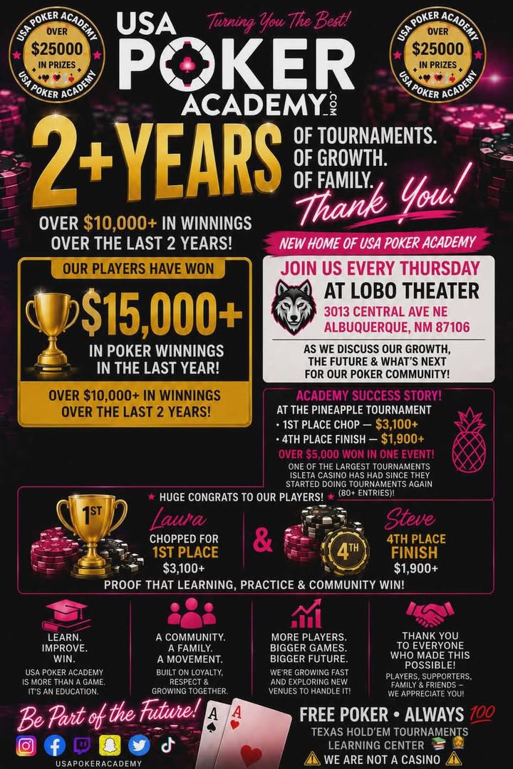 USA Poker Academy 2+ years of free poker tournaments and community in Albuquerque