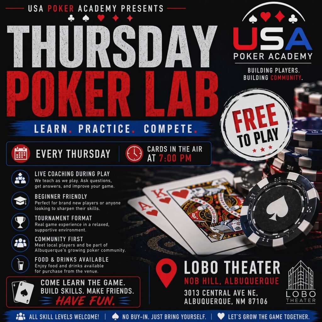 Thursday Poker Lab poster, USA Poker Academy free Texas Hold’em night every Thursday at the Historic Lobo Theater in Albuquerque, cards in the air at 7:00 PM.