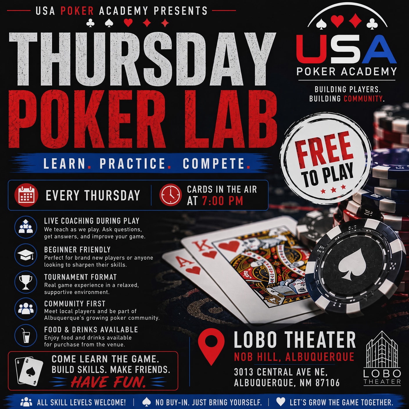 Thursday Poker Lab poster, USA Poker Academy free Texas Hold’em night every Thursday at the Historic Lobo Theater in Albuquerque, cards in the air at 7:00 PM.