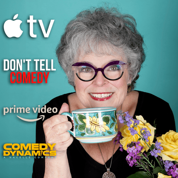 Comedian Susan Rice smiling over a floral teacup in cat-eye glasses, with Apple TV, Don't Tell Comedy, Prime Video and Comedy Dynamics logos.