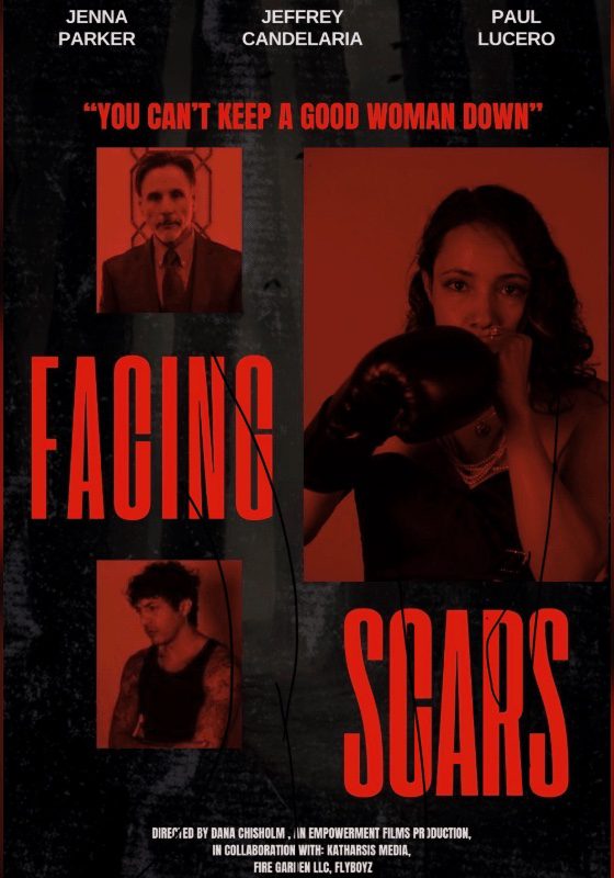 Facing Scars poster: a woman raising boxing gloves, with two male co-stars in inset panels, in red and black